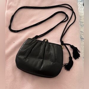 Judith Leiber black lizard skin vintage clutch bag long shoulder crossbody strap
